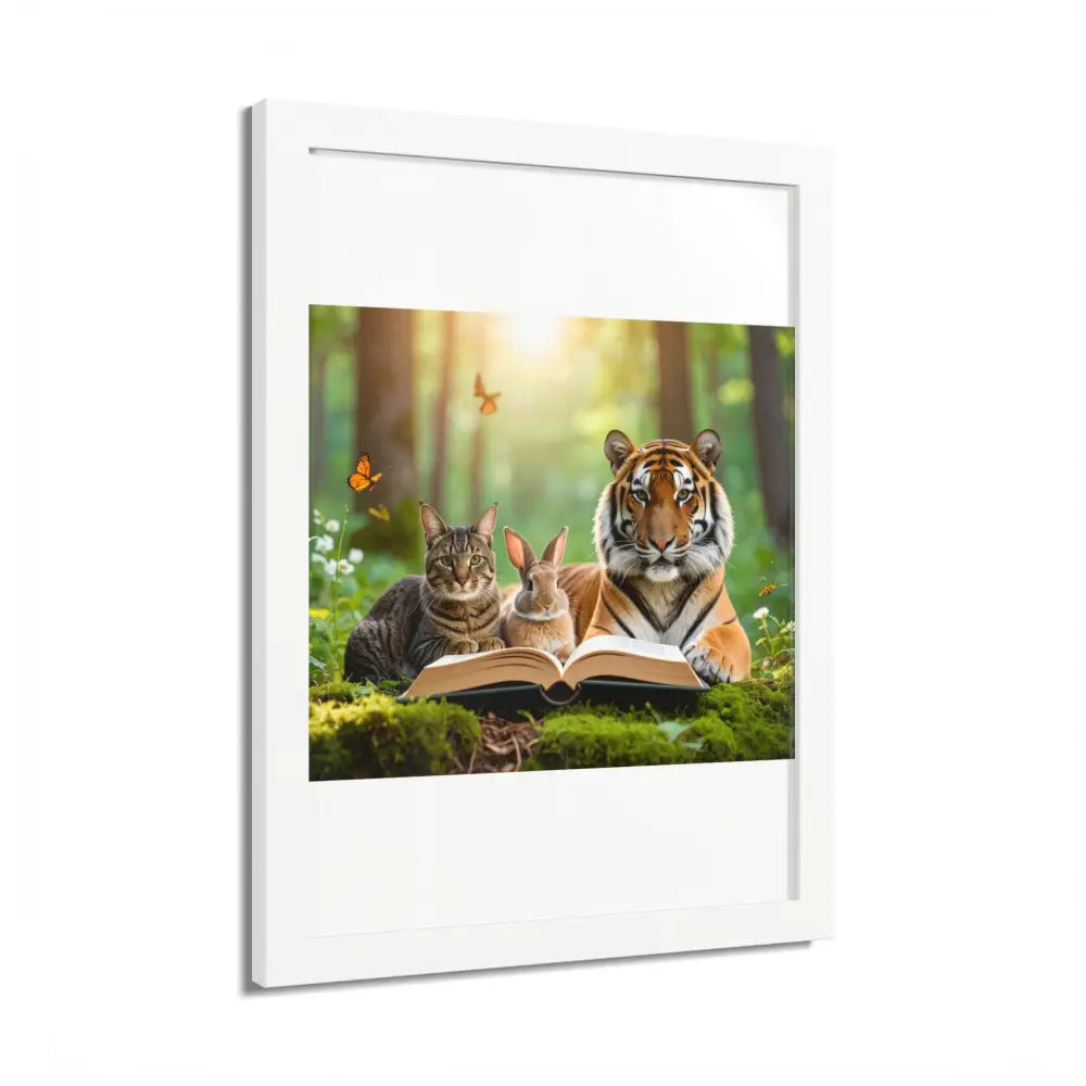 Whimsical Nature Framed Poster: Cats & Tigers Reading Animal Lovers Art Home Decor Gift for Kids Nursery Wall Art