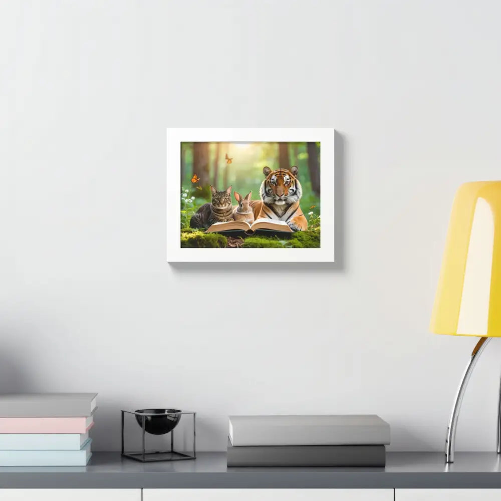 Whimsical Nature Framed Poster: Cats & Tigers Reading Animal Lovers Art Home Decor Gift for Kids Nursery Wall Art