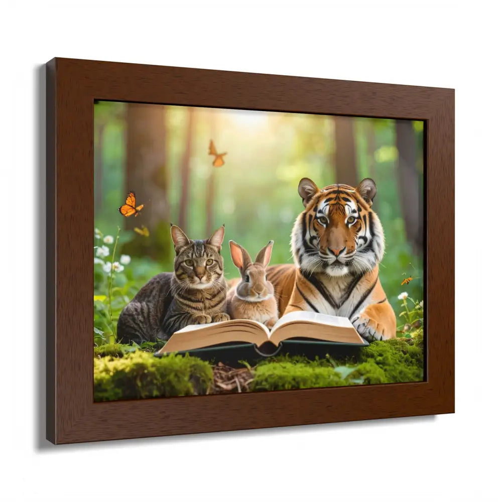 Whimsical Nature Framed Poster: Cats & Tigers Reading Animal Lovers Art Home Decor Gift for Kids Nursery Wall Art