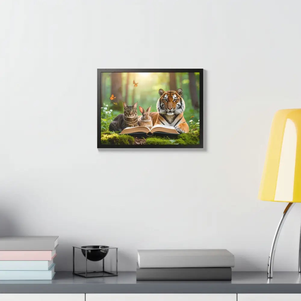 Whimsical Nature Framed Poster: Cats & Tigers Reading Animal Lovers Art Home Decor Gift for Kids Nursery Wall Art