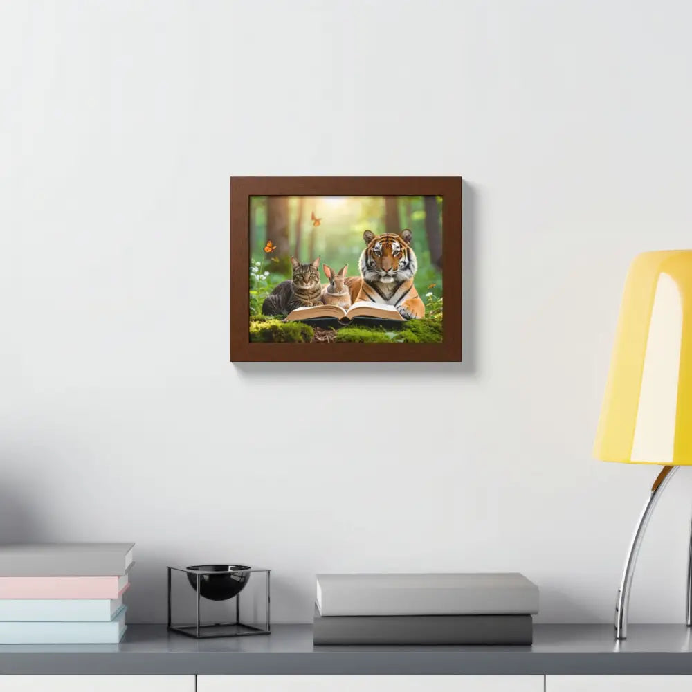 Whimsical Nature Framed Poster: Cats & Tigers Reading Animal Lovers Art Home Decor Gift for Kids Nursery Wall Art