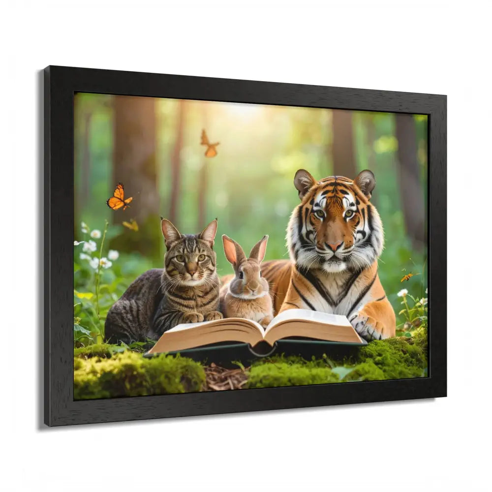 Whimsical Nature Framed Poster: Cats & Tigers Reading Animal Lovers Art Home Decor Gift for Kids Nursery Wall Art