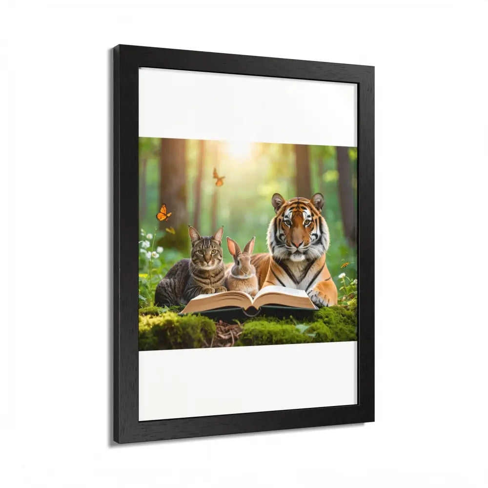Whimsical Nature Framed Poster: Cats & Tigers Reading Animal Lovers Art Home Decor Gift for Kids Nursery Wall Art