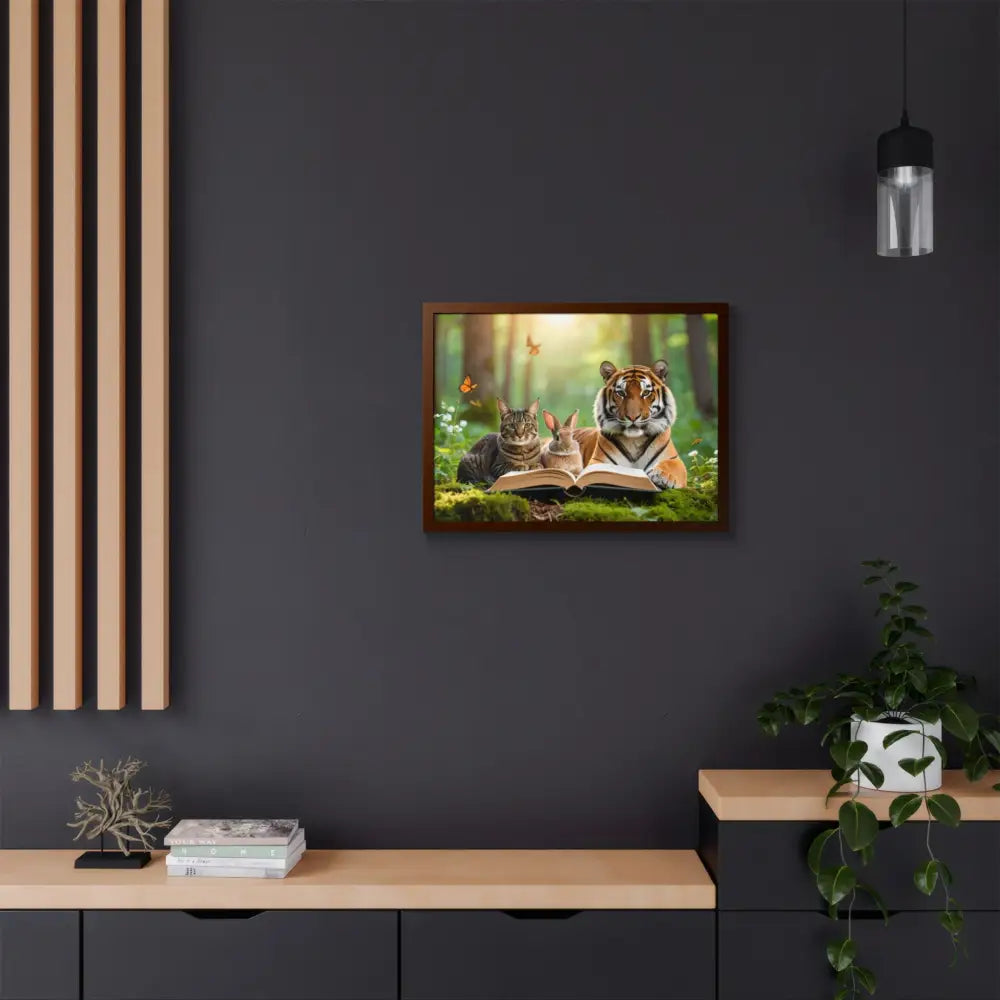 Whimsical Nature Framed Poster: Cats & Tigers Reading Animal Lovers Art Home Decor Gift for Kids Nursery Wall Art