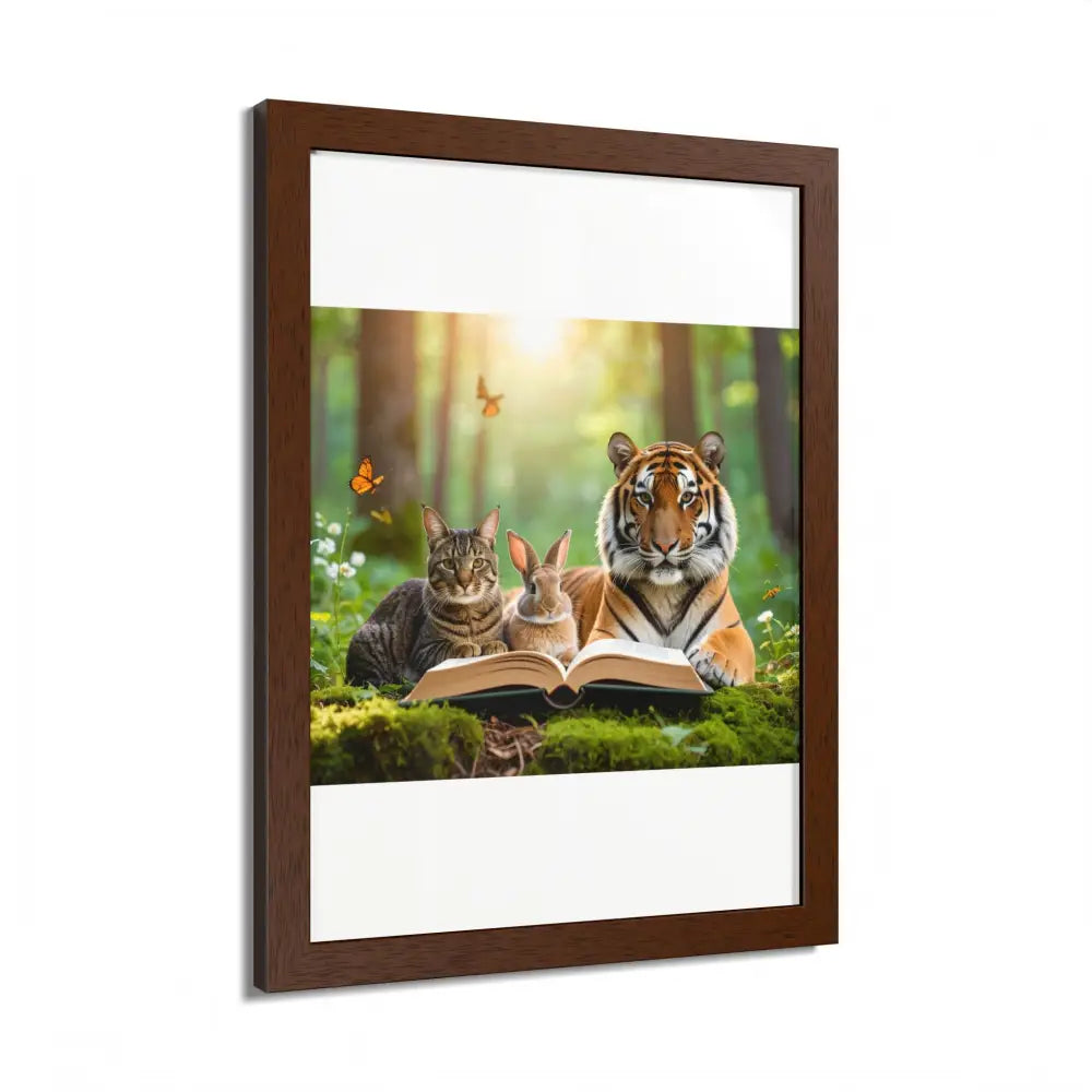 Whimsical Nature Framed Poster: Cats & Tigers Reading Animal Lovers Art Home Decor Gift for Kids Nursery Wall Art