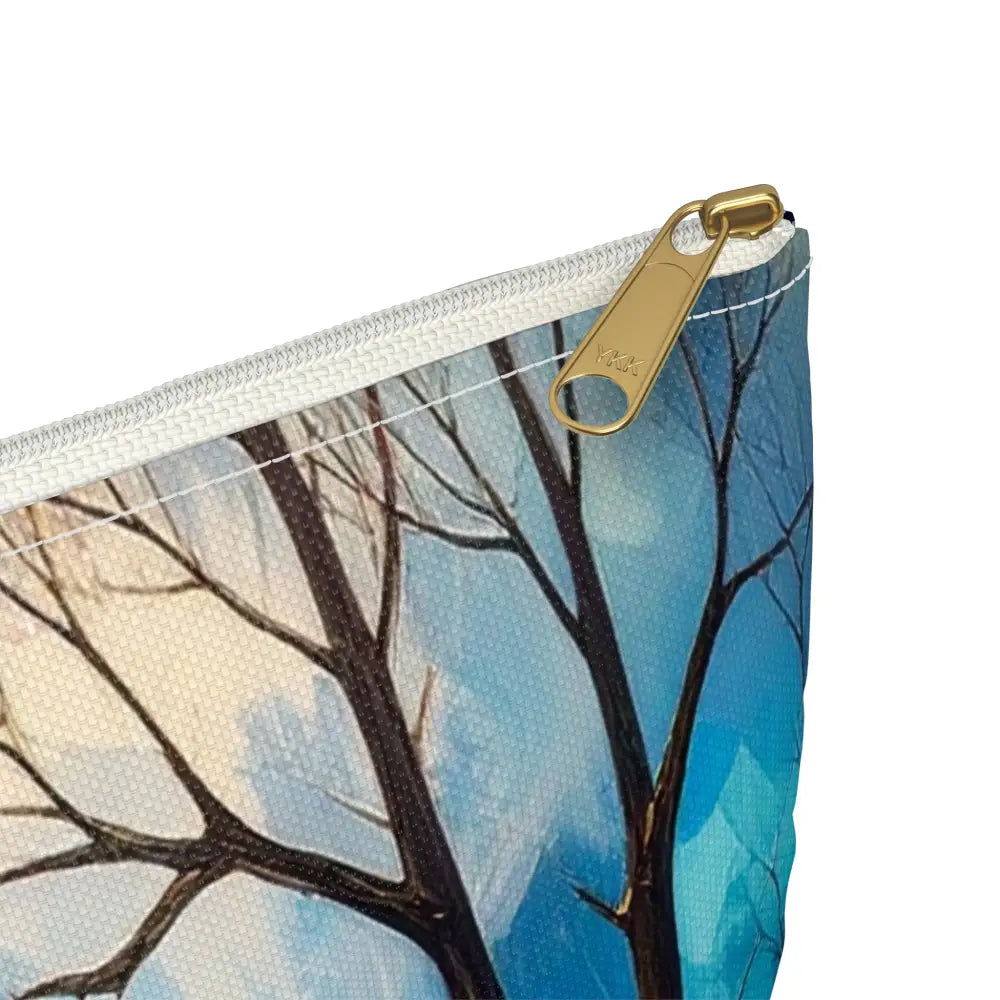 Winter’s Flowing Passage: Serene River Landscape Impressionist Winter Scene Accessory Pouch Bags