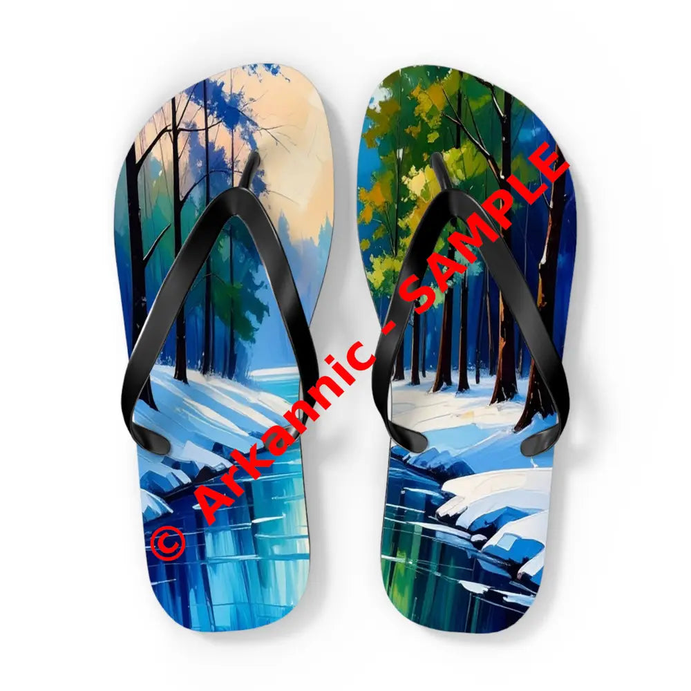 Winter’s Reflection: Serene River Landscape Impressionist Winter Scene Flip Flop Shoes XL / Black sole Shoes