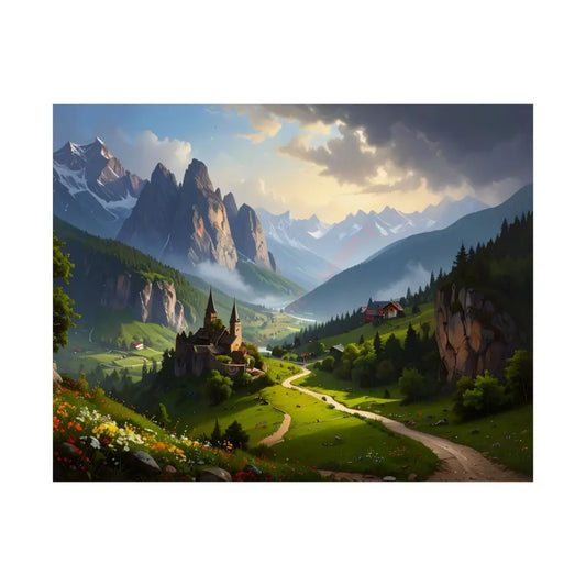 Alpine Majesty: Tranquil Mountain Valley Landscape European Alpine Digital Painting Poster 14″ x 11″ Poster