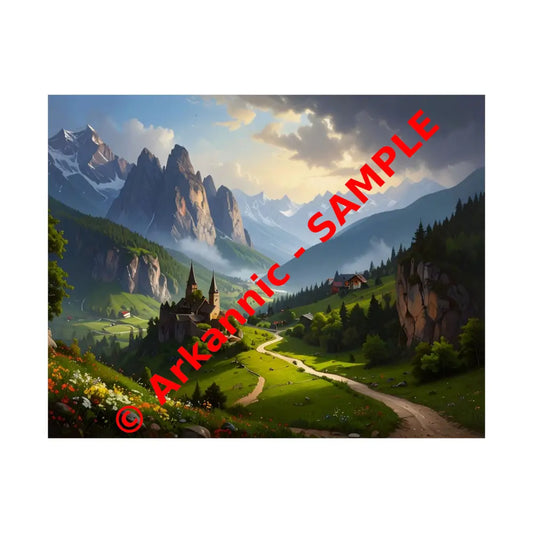 Alpine Majesty: Tranquil Mountain Valley Landscape European Alpine Digital Painting Poster 14″ x 11″ Poster