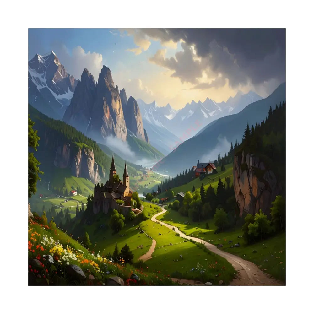 Alpine Majesty: Tranquil Mountain Valley Landscape European Alpine Digital Painting Poster 14’’ x 14’’ Poster