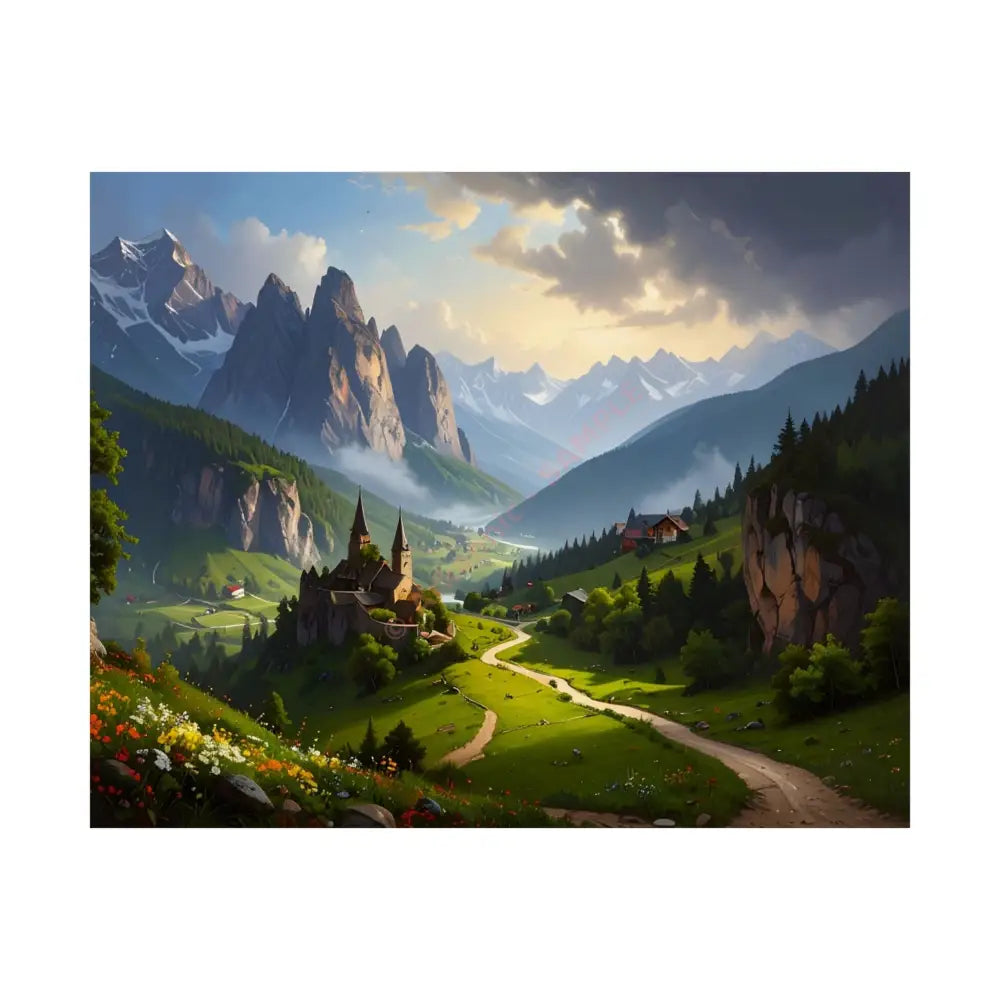 Alpine Majesty: Tranquil Mountain Valley Landscape European Alpine Digital Painting Poster 20″ x 16″ Poster