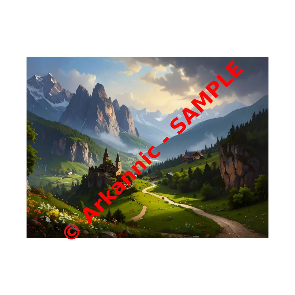 Alpine Majesty: Tranquil Mountain Valley Landscape European Alpine Digital Painting Poster 24″ x 18″ Poster