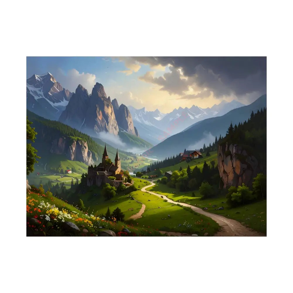 Alpine Majesty: Tranquil Mountain Valley Landscape European Alpine Digital Painting Poster 24″ x 18″ Poster