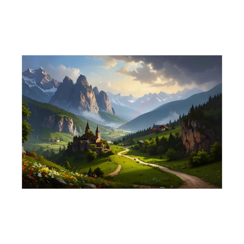 Alpine Majesty: Tranquil Mountain Valley Landscape European Alpine Digital Painting Poster 30″ x 20″ Poster