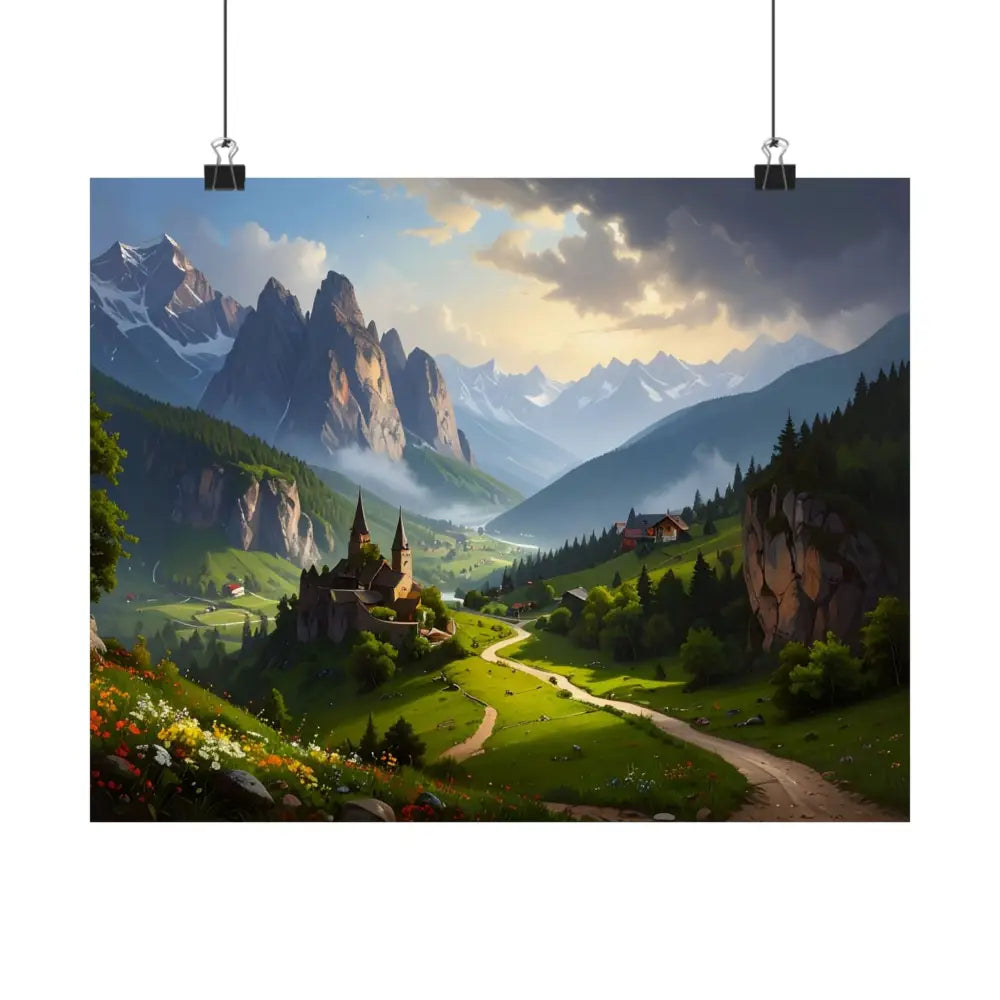 Alpine Majesty: Tranquil Mountain Valley Landscape European Alpine Digital Painting Poster Poster