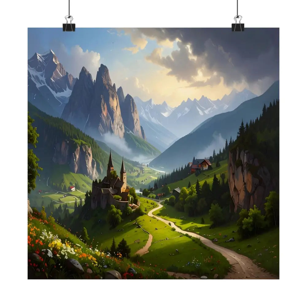 Alpine Majesty: Tranquil Mountain Valley Landscape European Alpine Digital Painting Poster Poster