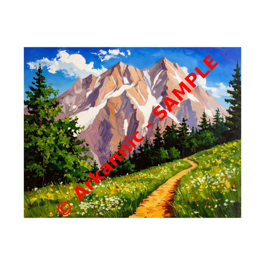 Alpine Radiance: Mountain Majesty in Impressionist Style Wildflower Meadow Landscape Poster 14″ x 11″ Poster