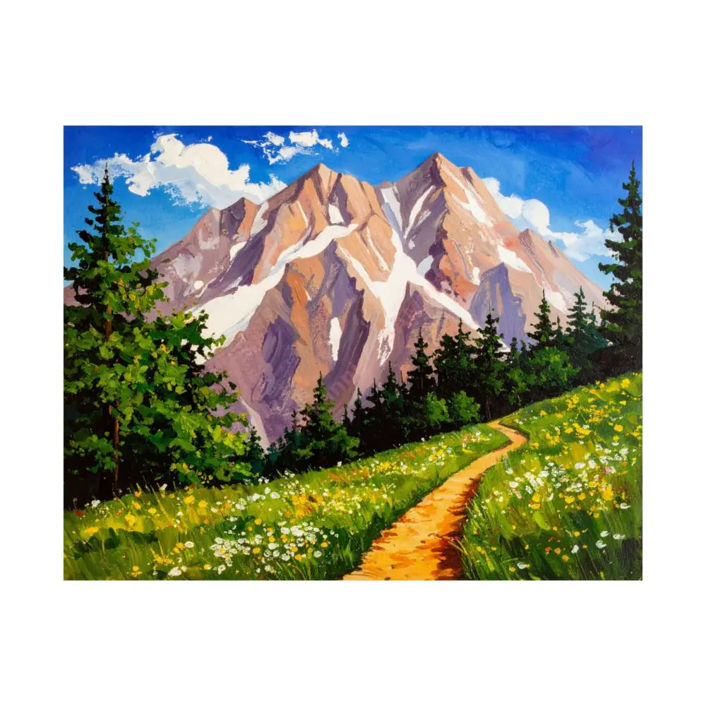 Alpine Radiance: Mountain Majesty in Impressionist Style Wildflower Meadow Landscape Poster 14″ x 11″ Poster