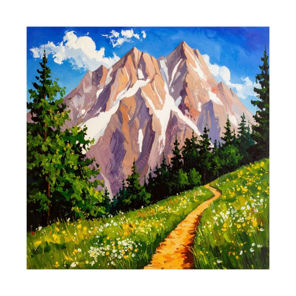 Alpine Radiance: Mountain Majesty in Impressionist Style Wildflower Meadow Landscape Poster 14’’ x 14’’ Poster