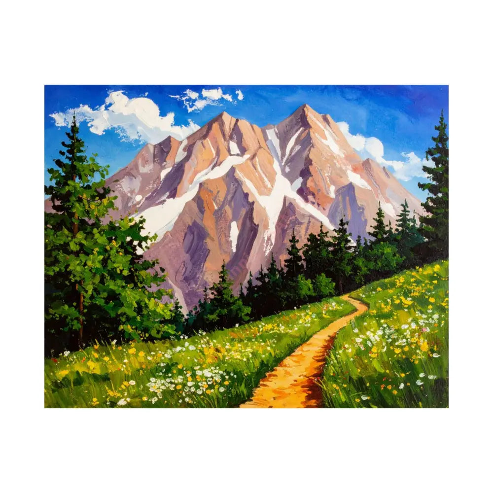 Alpine Radiance: Mountain Majesty in Impressionist Style Wildflower Meadow Landscape Poster 20″ x 16″ Poster