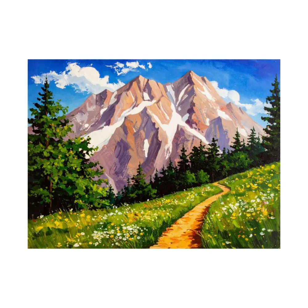 Alpine Radiance: Mountain Majesty in Impressionist Style Wildflower Meadow Landscape Poster 24″ x 18″ Poster