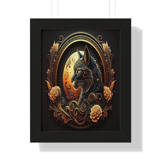 Amber Gaze of the Midnight Realm: Feline Fantasy Art Art Nouveau Digital IllustrationFramed Verticle Poster Black