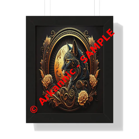 Amber Gaze of the Midnight Realm: Feline Fantasy Art Art Nouveau Digital IllustrationFramed Verticle Poster Black
