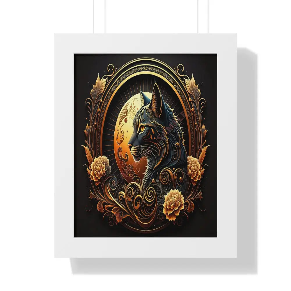 Amber Gaze of the Midnight Realm: Feline Fantasy Art Art Nouveau Digital IllustrationFramed Verticle Poster White