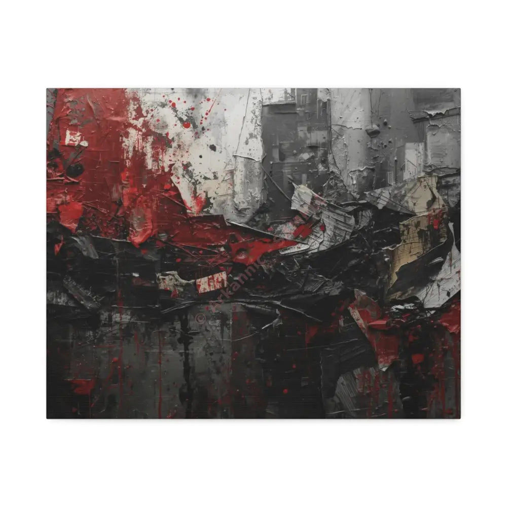 An abstract artwork with textured brushstrokes and fragmented shapes that suggest movement and struggle. 20″ x 16″