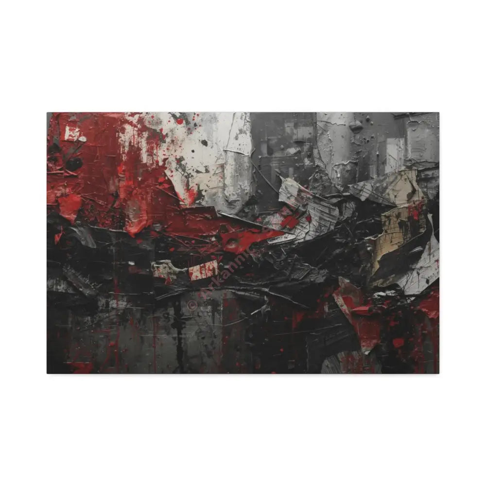 An abstract artwork with textured brushstrokes and fragmented shapes that suggest movement and struggle. 30″ x 20″