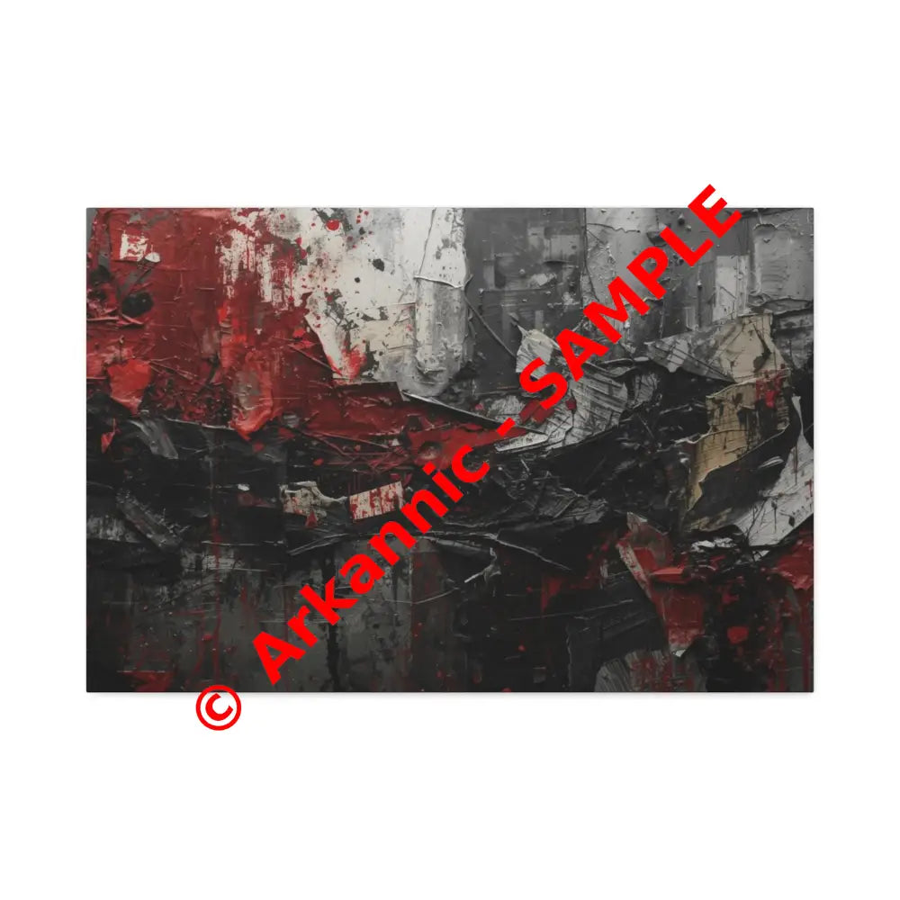An abstract artwork with textured brushstrokes and fragmented shapes that suggest movement and struggle. 30″ x 20″