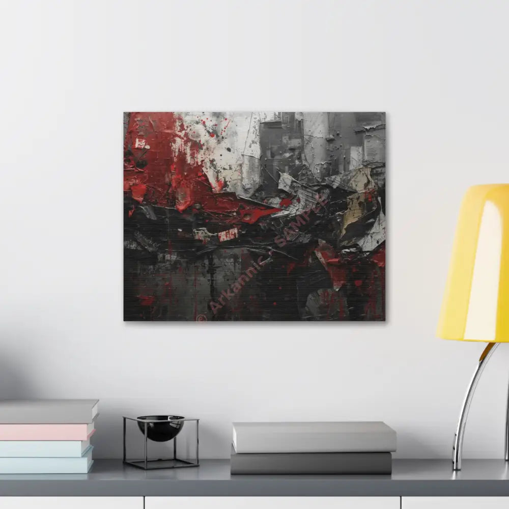 An abstract artwork with textured brushstrokes and fragmented shapes that suggest movement and struggle. Canvas