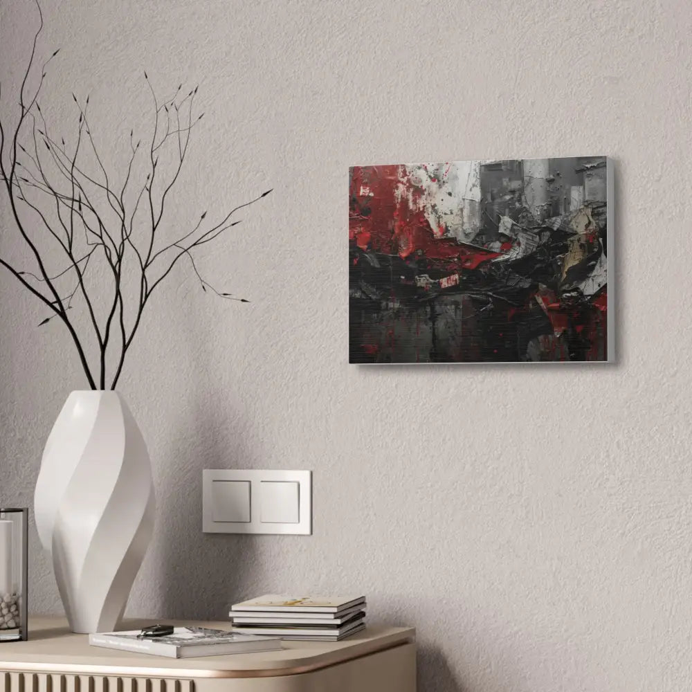 An abstract artwork with textured brushstrokes and fragmented shapes that suggest movement and struggle. Canvas