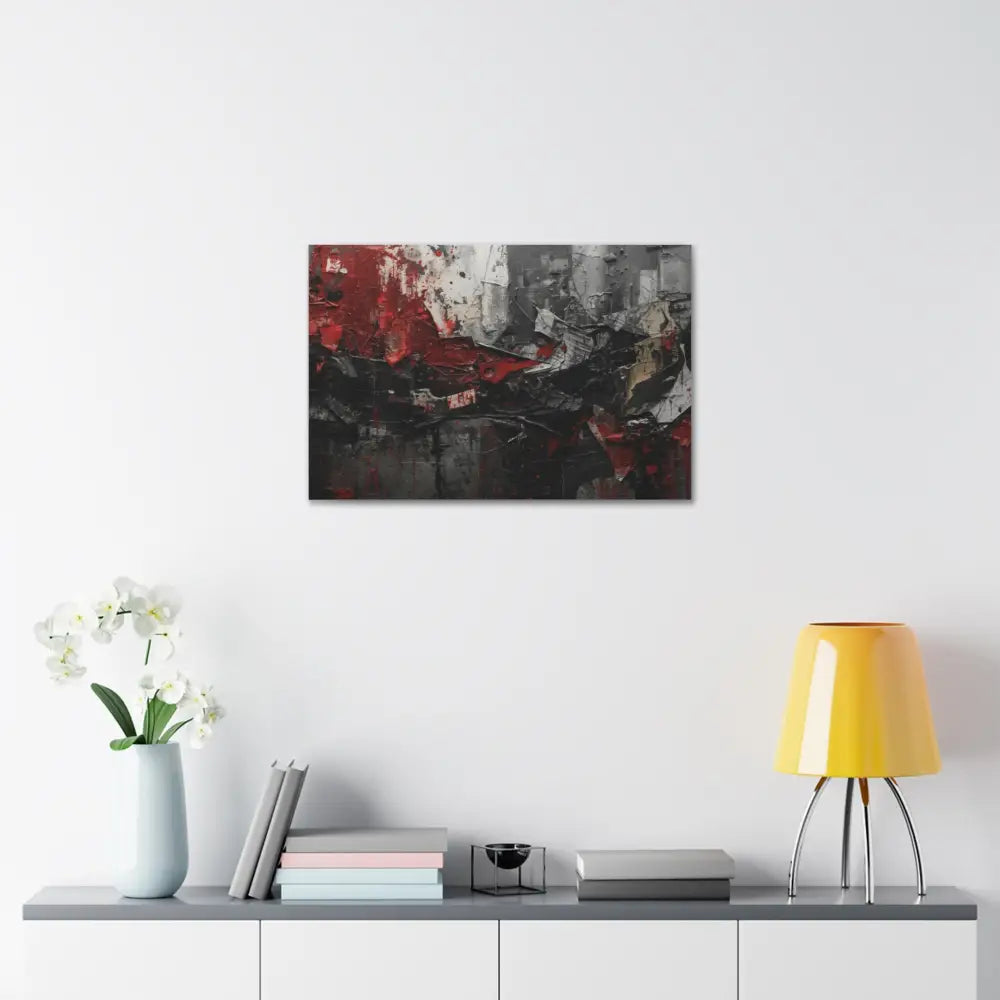 An abstract artwork with textured brushstrokes and fragmented shapes that suggest movement and struggle. Canvas