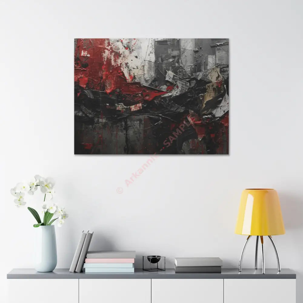 An abstract artwork with textured brushstrokes and fragmented shapes that suggest movement and struggle. Canvas