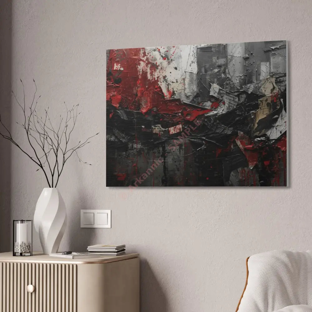 An abstract artwork with textured brushstrokes and fragmented shapes that suggest movement and struggle. Canvas