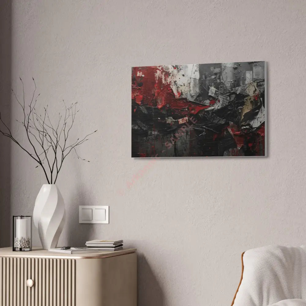 An abstract artwork with textured brushstrokes and fragmented shapes that suggest movement and struggle. Canvas