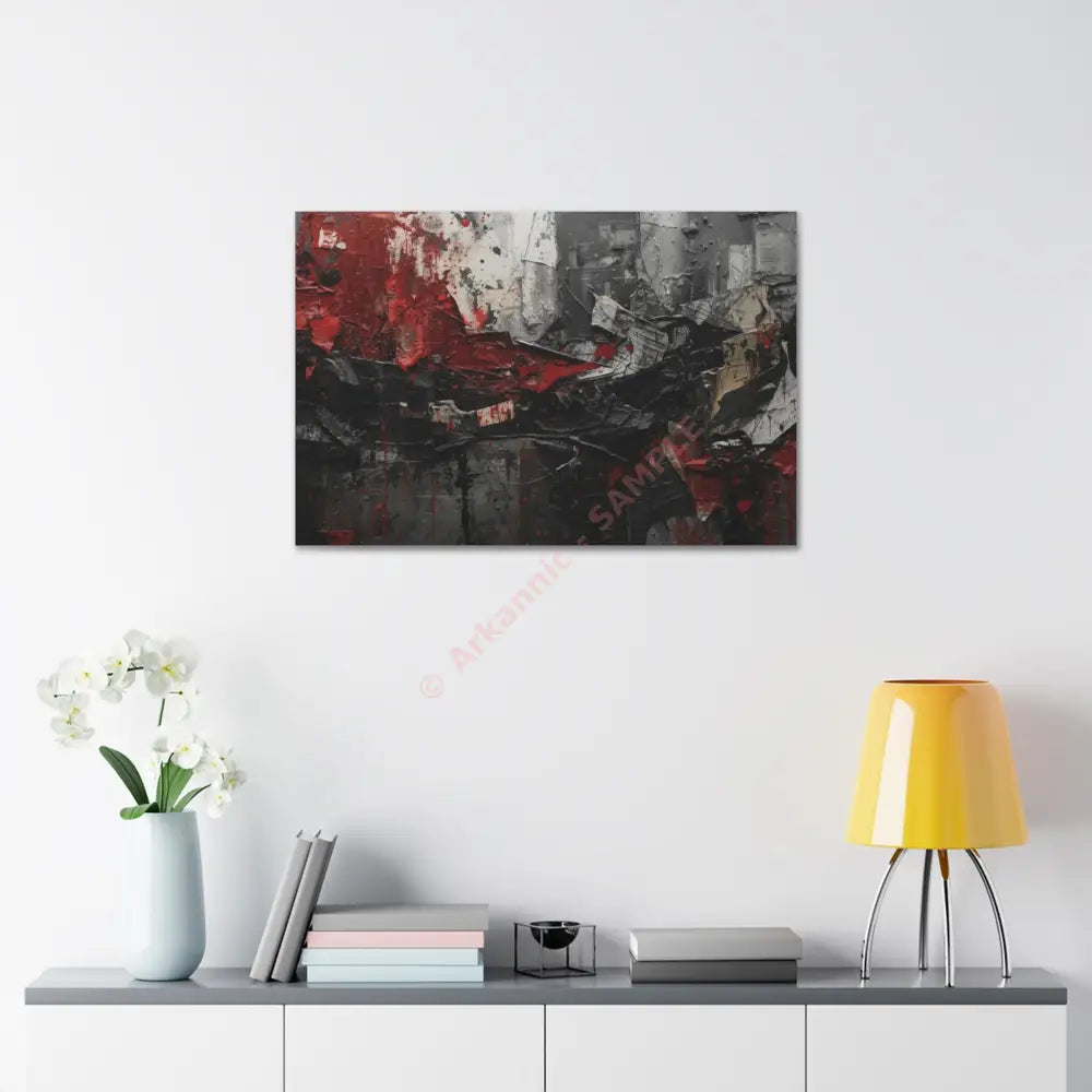 An abstract artwork with textured brushstrokes and fragmented shapes that suggest movement and struggle. Canvas