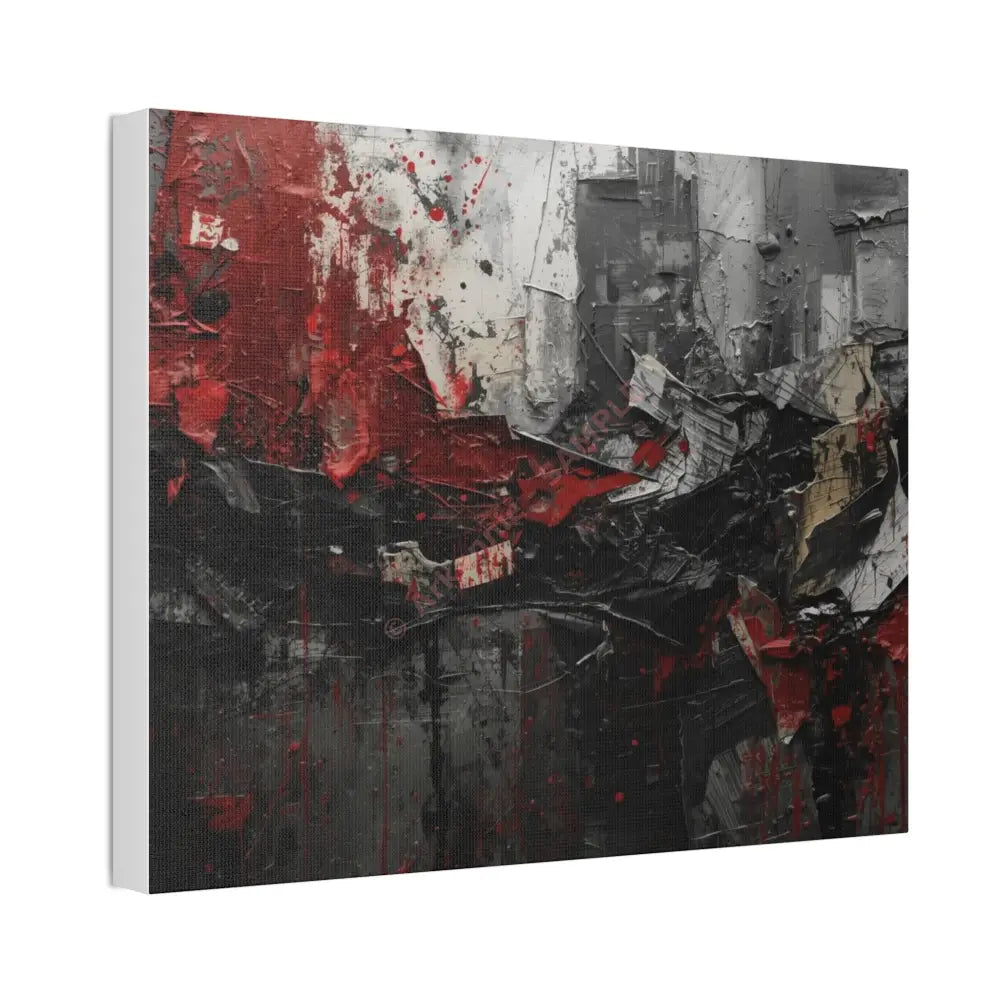 An abstract artwork with textured brushstrokes and fragmented shapes that suggest movement and struggle. Canvas
