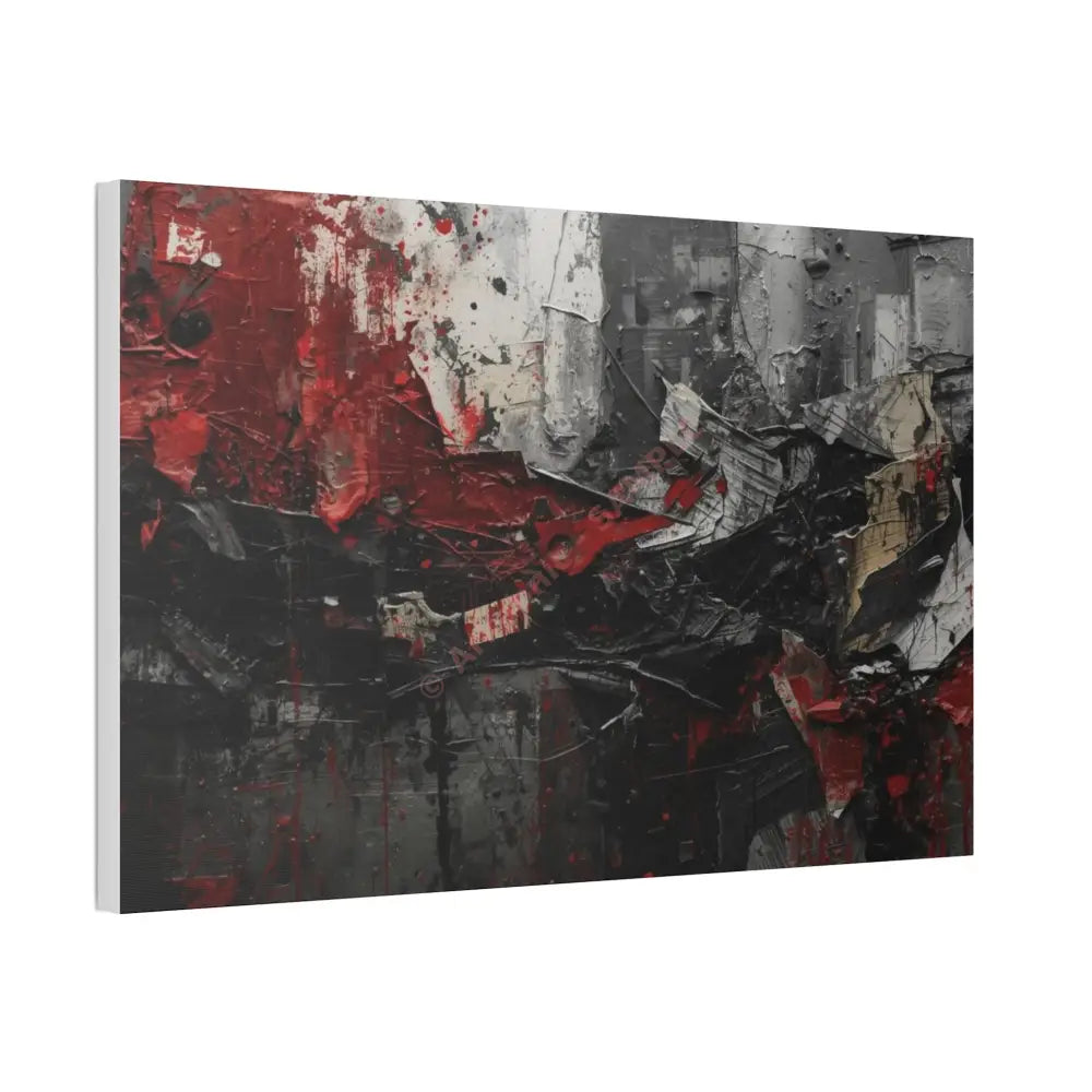 An abstract artwork with textured brushstrokes and fragmented shapes that suggest movement and struggle. Canvas
