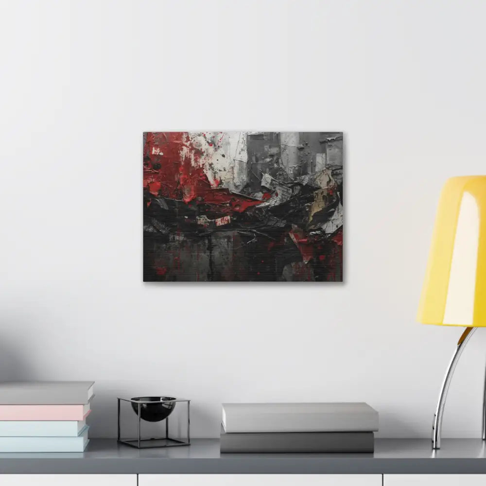An abstract artwork with textured brushstrokes and fragmented shapes that suggest movement and struggle. Canvas