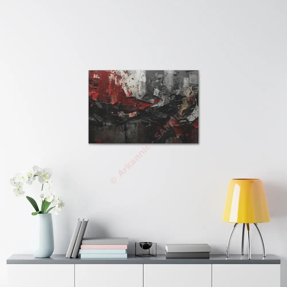 An abstract artwork with textured brushstrokes and fragmented shapes that suggest movement and struggle. Canvas