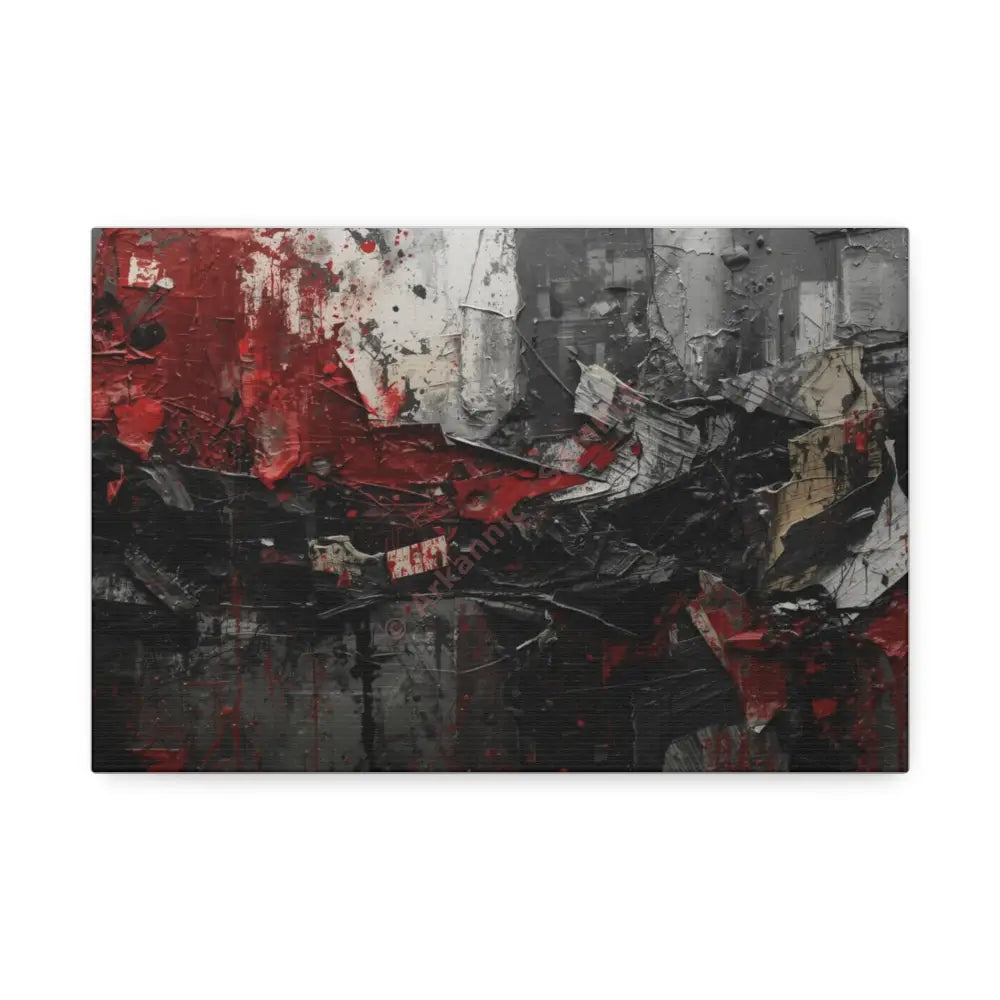 An abstract artwork with textured brushstrokes and fragmented shapes that suggest movement and struggle. Canvas