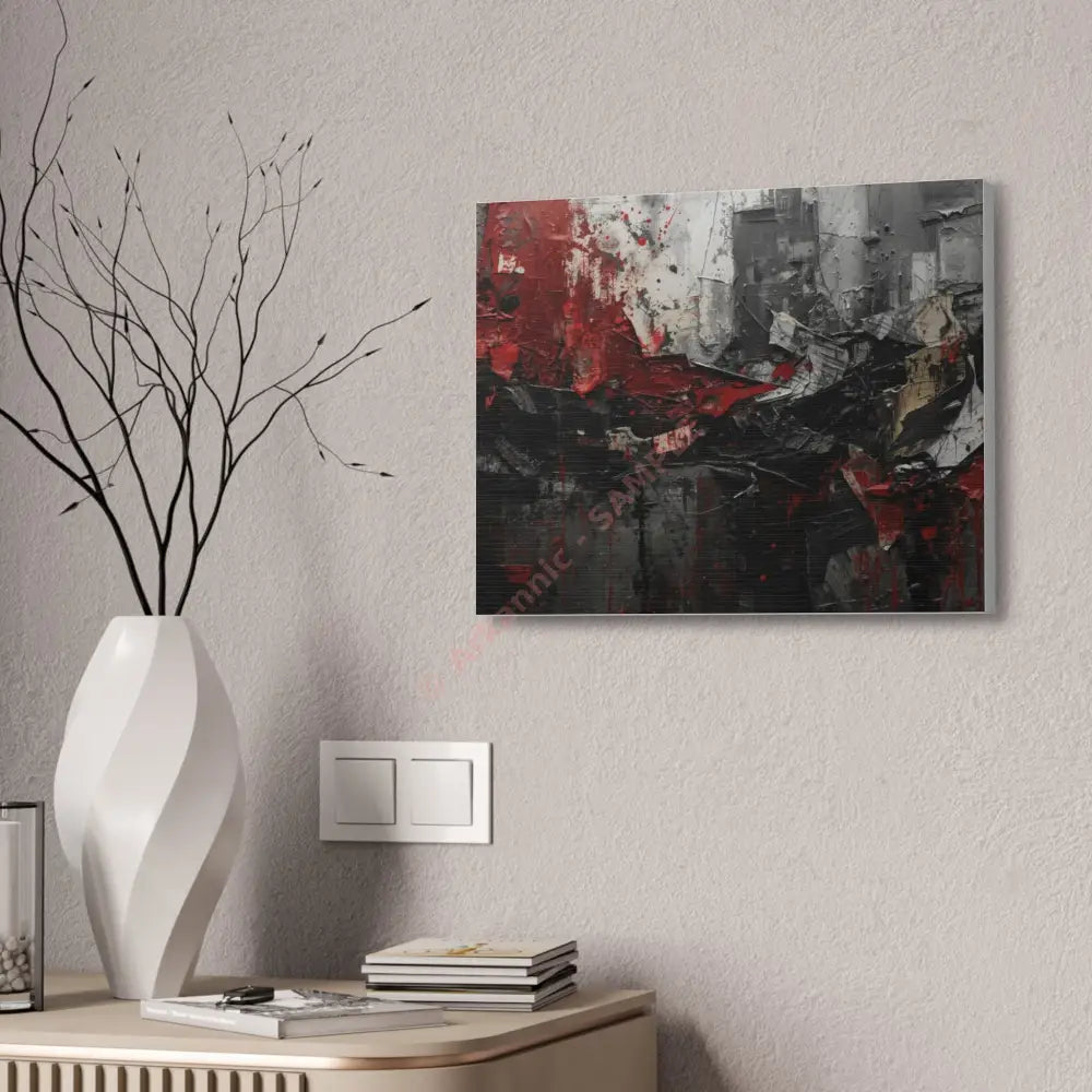 An abstract artwork with textured brushstrokes and fragmented shapes that suggest movement and struggle. Canvas