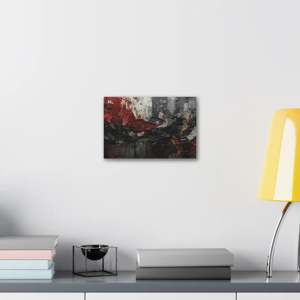An abstract artwork with textured brushstrokes and fragmented shapes that suggest movement and struggle. Canvas