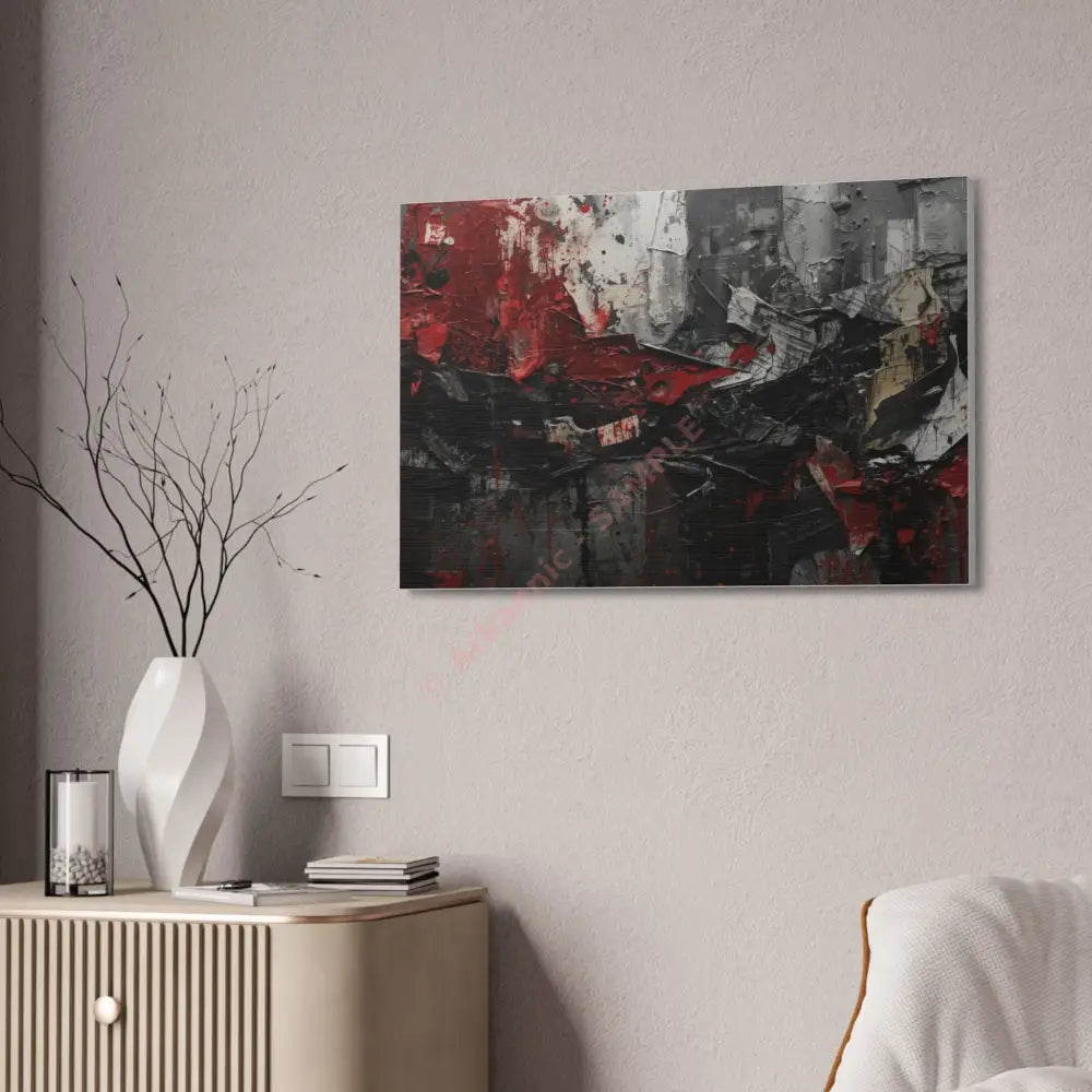 An abstract artwork with textured brushstrokes and fragmented shapes that suggest movement and struggle. Canvas
