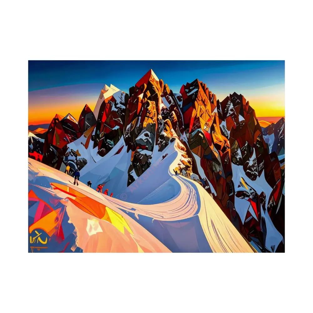 Ascent of Angular Peaks: Geometric Mountain Landscape Digital Cubist Illustration Poster 24″ x 18″ Poster