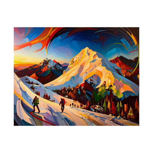 Ascent of the Illuminated Peak: Mountain Hikers in Expressionist Landscape Dynamic Alpine Journey Poster 14″ x 11″