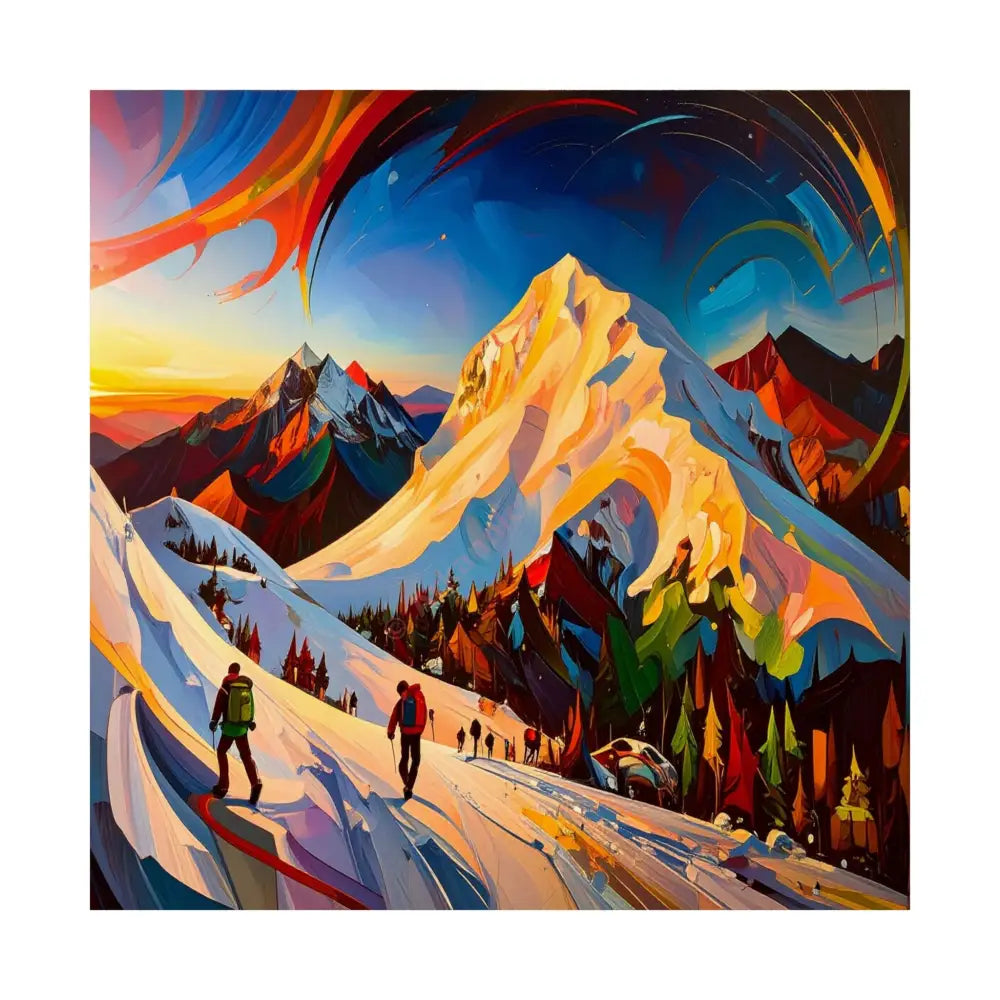 Ascent of the Illuminated Peak: Mountain Hikers in Expressionist Landscape Dynamic Alpine Journey Poster 14’’ x 14’’