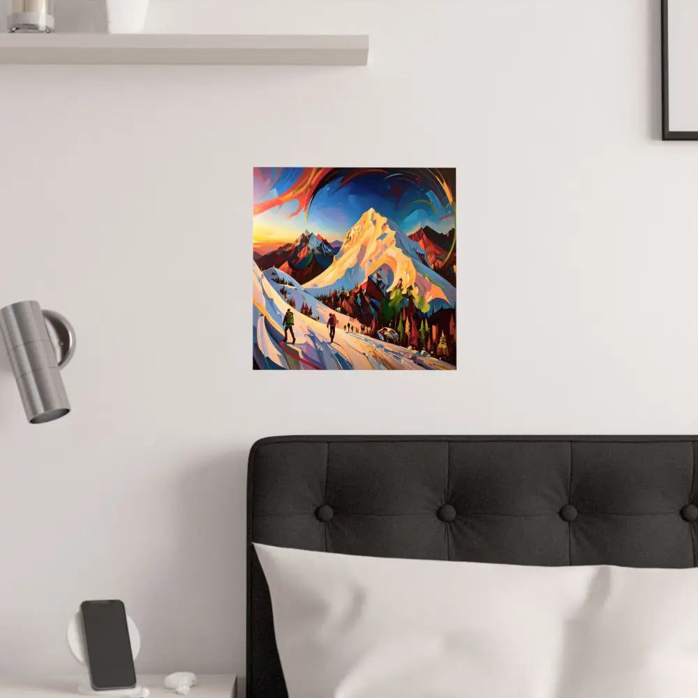 Ascent of the Illuminated Peak: Mountain Hikers in Expressionist Landscape Dynamic Alpine Journey Poster Poster